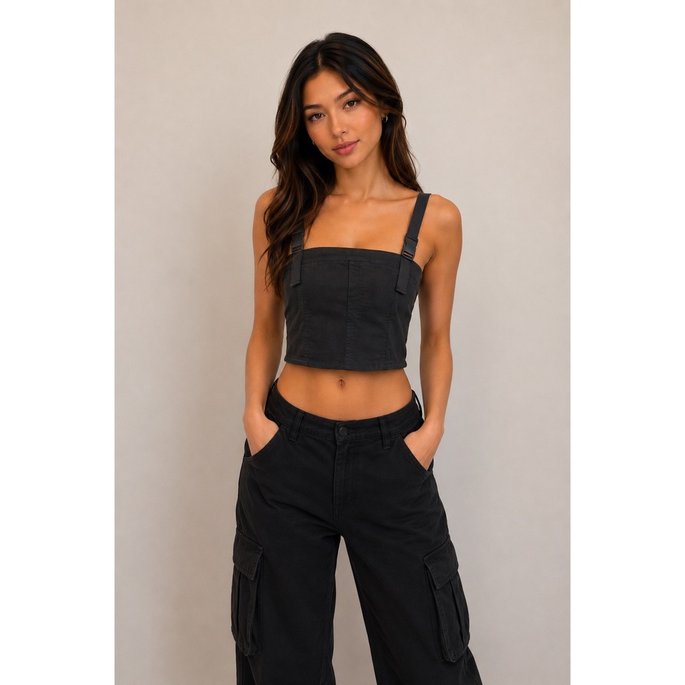 ZARA Black Utility Crop Top Adjustable Buckle Straps Y2K Streetwear